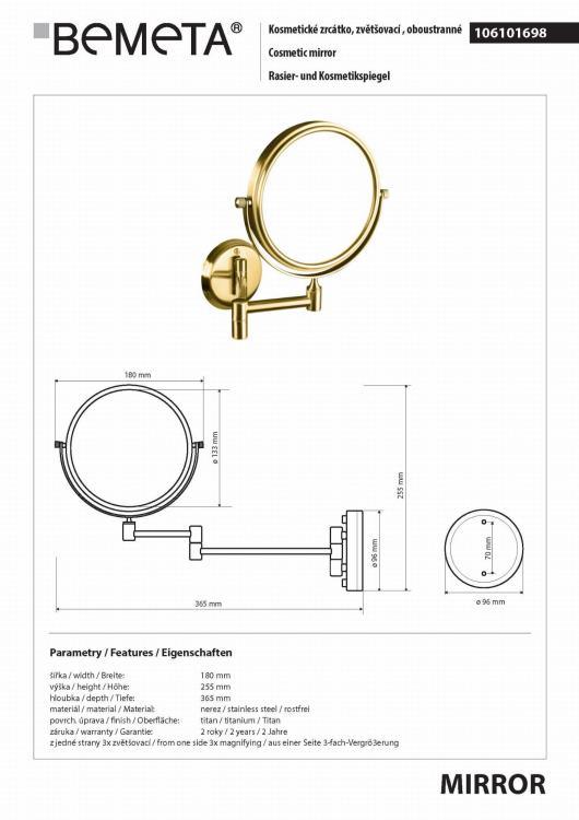 Lusterko kosmetyczne naścienne ⌀140 mm, złoto 106101698, wymiary