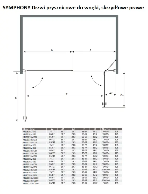 SYMPHONY Drzwi prysznicowe do wnęki skrzydłowe 200x195 cm M12111RMD100 wymiary
