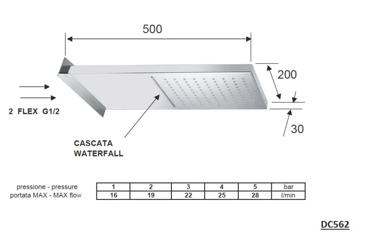 Deszczownia prostokątna ścienna z kaskadą, stal nierdzewna 50x20 cm DC562