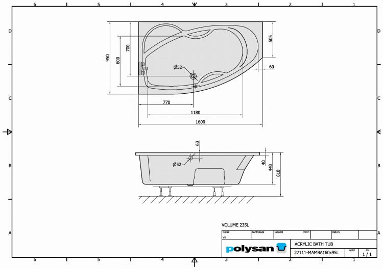 MAMBA Wanna akrylowa asymetryczna 160x95 cm (lewa) 27111 rysunek techniczny