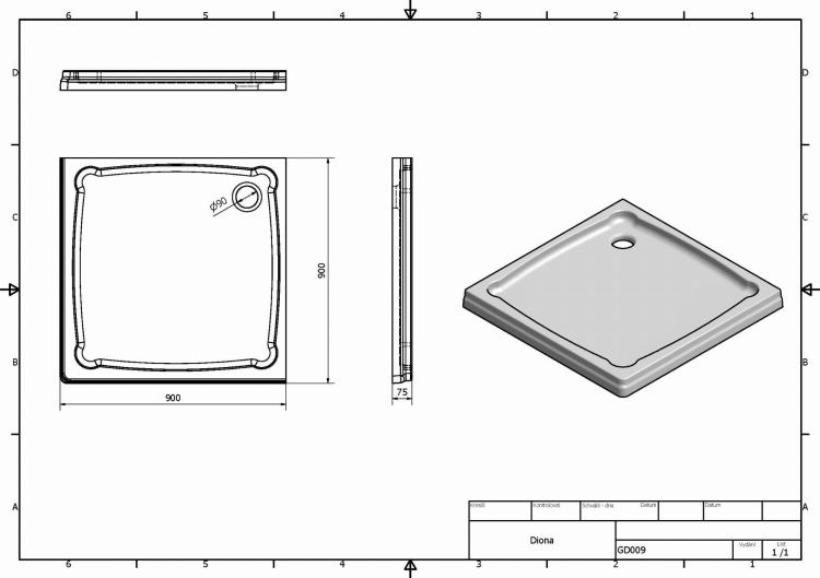 DIONA 90 Brodzik kompozytowy kwadratowy 90x90 cm GD009 - rysunek techniczny