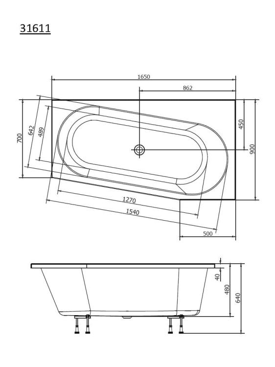 ASTRA WR Wanna akrylowa asymetryczna 165x90 cm (prawa) 31611 rysunek techniczny