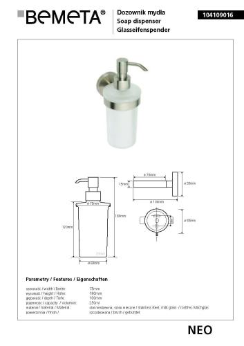 NEO Dozownik do mydła 250 ml 104109016, wymiary