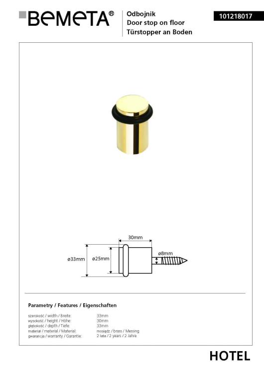 Odbojnik drzwiowy podłogowy mosiężny 101218017, wymiary