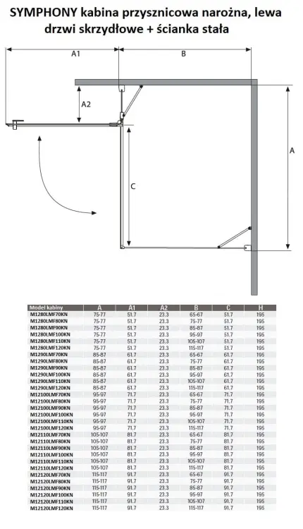 SYMPHONY kabina, drzwi skrzydłowe, ścianka stała lewa - tabela + rysunek techniczny