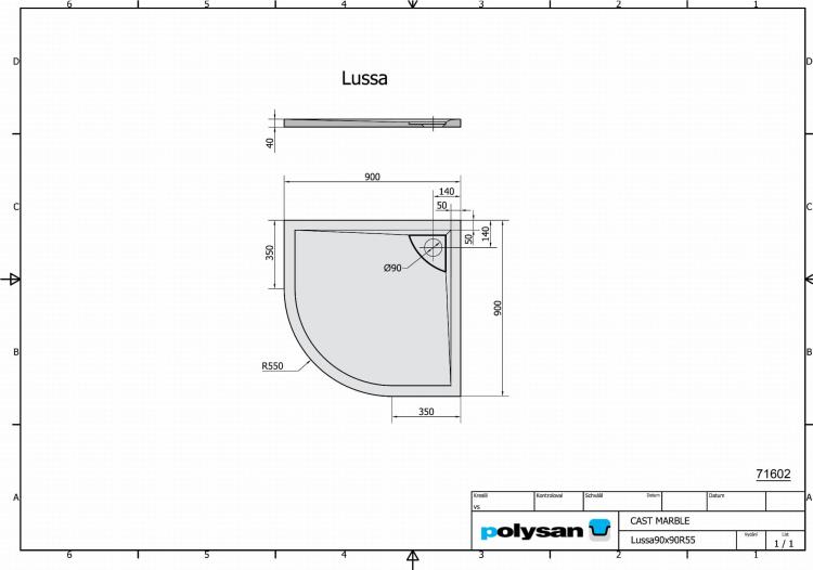LUSSA Brodzik kompozytowy półokrągły z odpływem liniowym 90x90 cm 71602 - rysunek techniczny