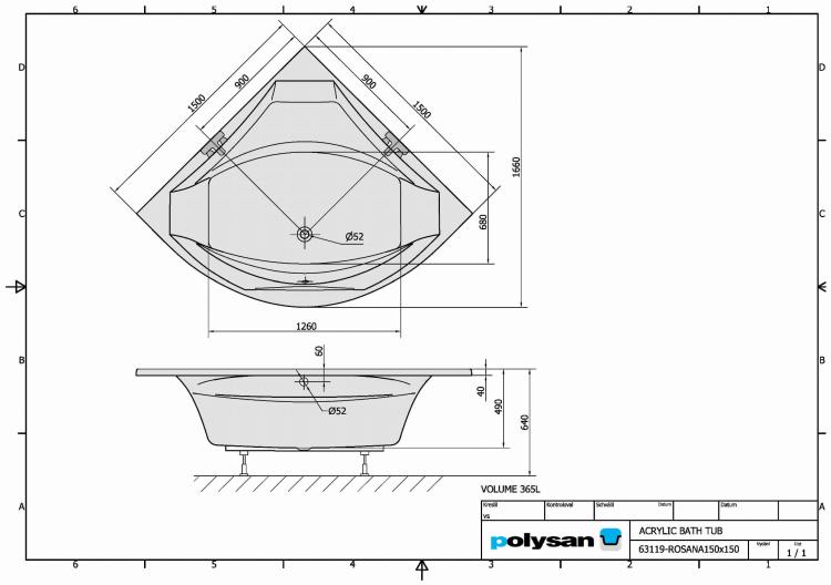 ROSANA Wanna akrylowa narożna 150x150 cm 63119 - rysunek techniczny