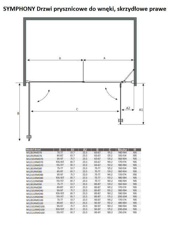 SYMPHONY Drzwi prysznicowe do wnęki skrzydłowe 180x195 cm M12121RMD70 wymiary