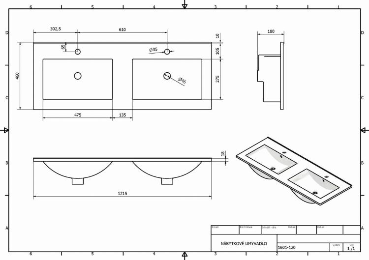 SLIM Umywalka ceramiczna podwójna 120x46 cm 1601-120 wymiary
