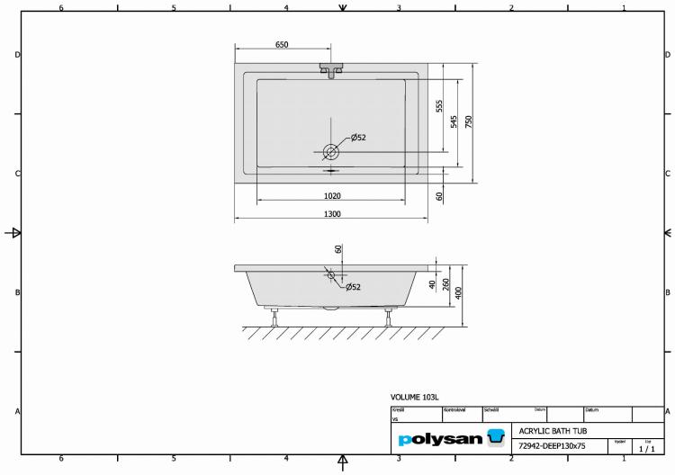DEEP Brodzik akrylowy prostokątny wysoki 130x75 cm 72942 rysunek techniczny