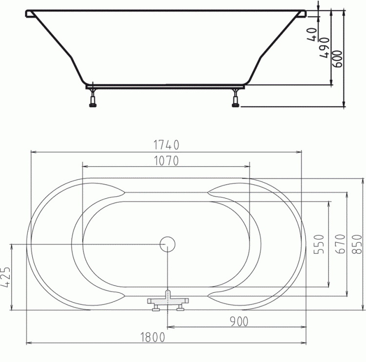 IO Wanna akrylowa owalna 180x85 cm 16611 rysunek techniczny