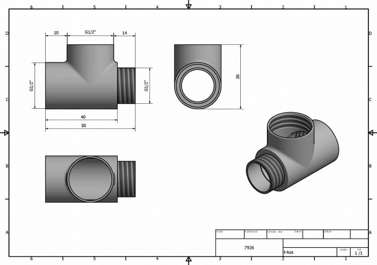 Trójnik do grzałki elektrycznej 1/2", chrom 7926 - rysunek techniczny