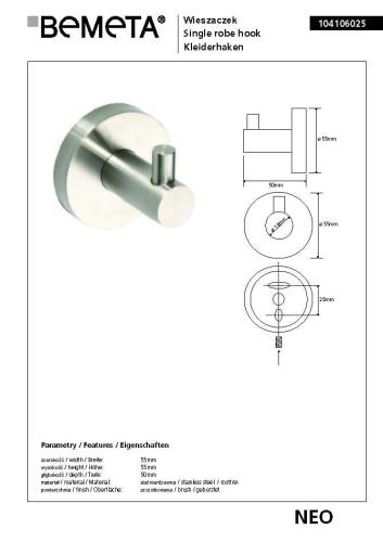NEO Wieszaczek 104106025, wymiary