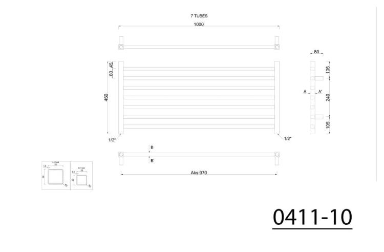 METRO Grzejnik stalowy chrom 295 W 450x1000 mm 0411-10 - rys. techniczny