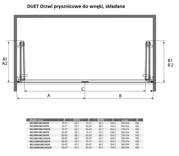 DUET Drzwi prysznicowe do wnęki składane 190x195 cm M12100FLM12101FR wymiary
