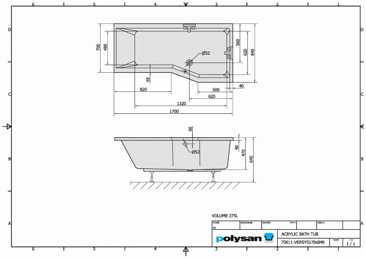 VERSYS Wanna akrylowa asymetryczna 170x85 cm (prawa) 70611 rysunek techniczny
