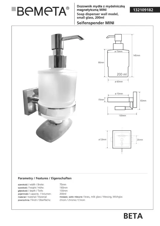 BETA Dozownik do mydła 200 ml MINI z mydelniczką magnetyczną 132109182, wymiary