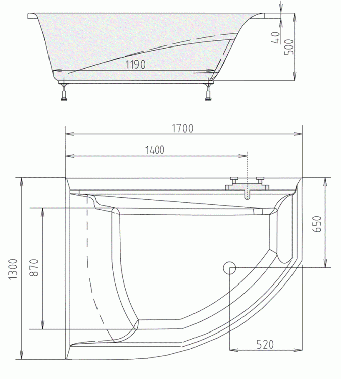 TANDEM Wanna akrylowa asymetryczna 170x130 cm (lewa) 96611  rysunek techniczny