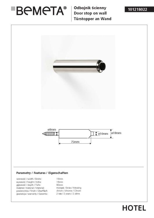 Odbojnik drzwiowy ścienny, chromowany, połysk 101218022, wymiary