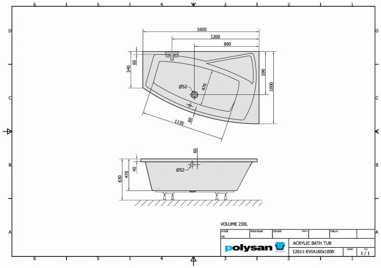 EVIA Wanna akrylowa asymetryczna 160x100 cm (prawa) 12611 rysunek techniczny